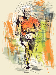 Old Marathon Runner Feeling Great in Sketch Style