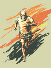 Old Marathon Runner Feeling Great in Sketch Style
