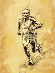 Old Marathon Runner Feeling Great in Sketch Style