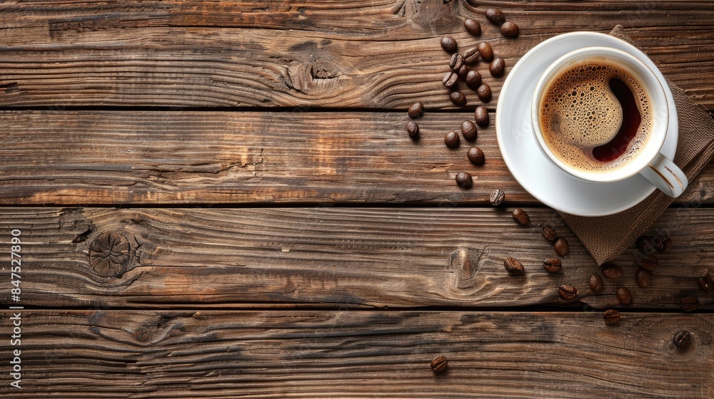 Aufkleber wooden background with a cup of coffee empty space for text overhead view of the arrangement in pano