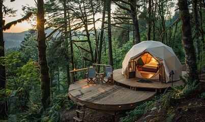 Eco-friendly glamping in a Montessori geodesic tent, perched on a wooden platform in Willamette oak woods.