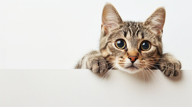 Cute tabby cat hanging over blank sheet isolated on white background with copy space for text