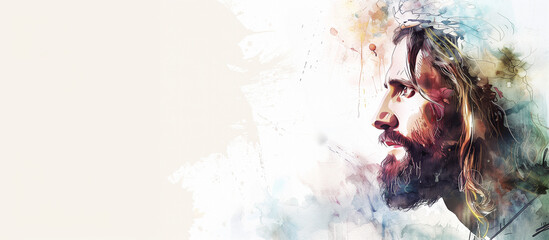 Watercolor portrait of Jesus Christ with copy space for text
