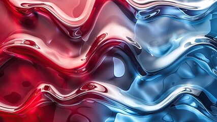 Vibrant 3D red and blue wavy glass shapes backdrop, ideal for modern designs. Versatile full-frame background for creative projects, digital art, and visual presentations.