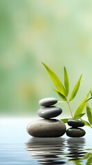 Zen background with stones and green leaves