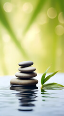 Zen background with stones and green leaves