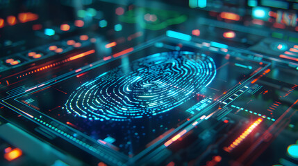 A digital image of a fingerprint is displayed on a computer screen. The image is a close up of the fingerprint, with the ridges and valleys clearly visible. The colors of the image are bright