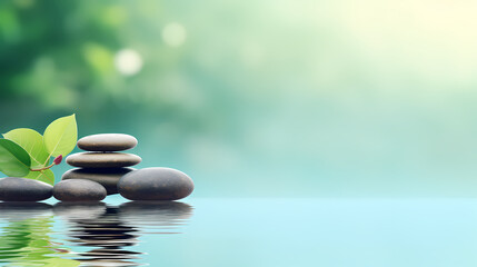 Zen background with stones and green leaves