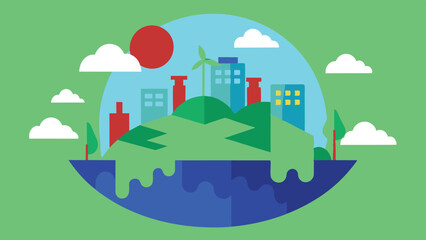 Wind turbines towering over a city with a single house. City skyline with renewable energy wind turbines and a house.