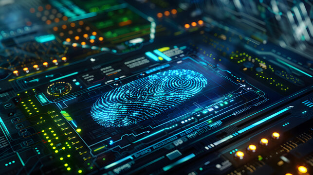 A computer screen shows a fingerprint on a blue screen. Concept of technology and security, as fingerprints are often used as a form of identification