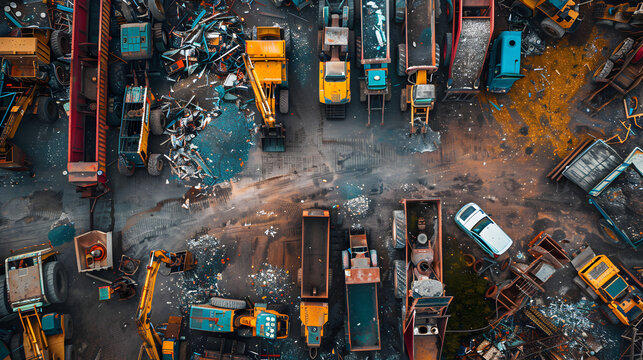 A large pile of scrap metal is being processed by a variety of heavy machinery. The scene is chaotic and noisy, with the trucks and cranes moving around each other in a disorganized manner - Powered by Adobe