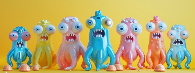 cute crazy monsters with huge eyes made of inflatable items on yellow pastel background in style of 3d. Abstract, fantasy, dreamlike concept. banner