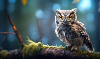 A small owl is perched on a branch in a forest