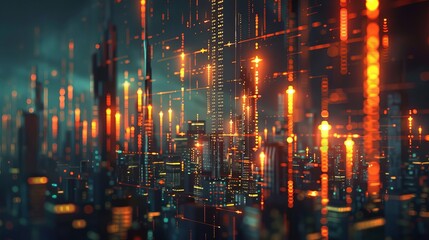 Futuristic cyberpunk cityscape with glowing neon lights and digital structures.
