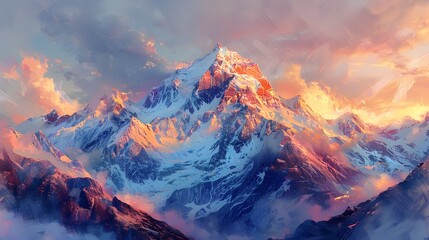 Breathtaking Snow Capped Mountain Range Bathed in Vibrant Sunset Glow