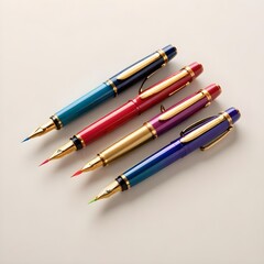 Naklejka premium Colourful fountain pens with gold accents on a light background 