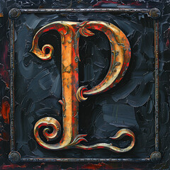 Alphabet letter in golden paper on black background, A letter P with gold leaves and flowers on a black background, generate ai