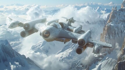 Futuristic military jet flying over a snowy mountain range, cutting through clouds on a clear day with blue skies and rugged peaks.
