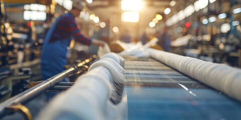 Factory Workers in Textile Mill Efficient blurred background image of factory workers operating looms and machinery in a textile mill, producing fabrics and garments. 