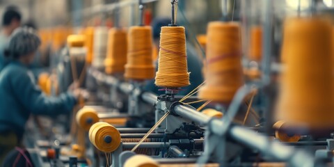 Factory Workers in Textile Mill Efficient blurred background image of factory workers operating looms and machinery in a textile mill, producing fabrics and garments. 