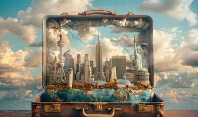 Vintage suitcase open revealing a 3D fantasy skyline with iconic world landmarks, whimsical style, pastel background