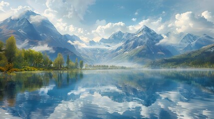 Majestic Reflection Serene High Altitude Lake Mirroring Towering Peaks and Ethereal Clouds