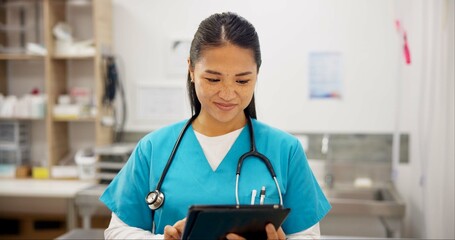 Happy woman, vet and research with tablet for animal medicine, study or browsing at clinic. Young...