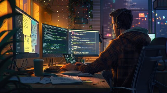 Attractive professional software developer coding program or engineering prompt. Skilled programmer typing computer and laptop while developing system with blurring background. Technology. AIG42.