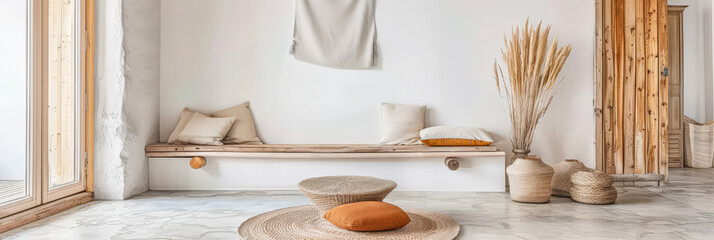 Minimalist zen interiors in warm tone with minimal furniture, natural lighting from a window and copy space. Interior design home composition.