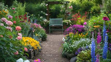 Naklejka premium chair in the garden framed from flower beds