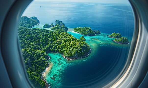 Fototapeta Island paradise seen through the window of a plane, lush greenery and blue seas.