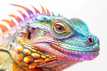 Fototapeta premium A colorful lizard with a blue face and red eyes