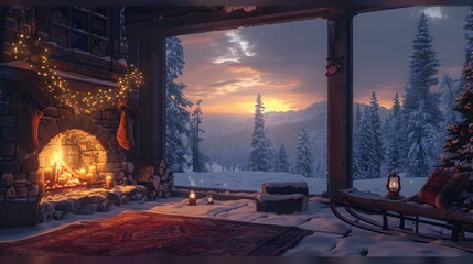 Cozy Winter Retreat in a Rustic Cabin with Snowy Forest Landscape