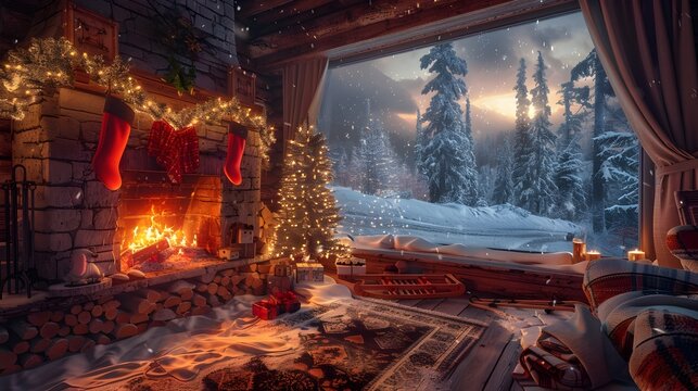 Cozy Winter Ski Lodge Retreat with Rustic Fireplace and Snow Covered Forest View