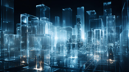 A vibrant cityscape of futuristic skyscrapers illuminated by dazzling lights.
