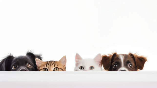 Feline faces cats looking out of the blanket. Kitten cat hiding in blanket