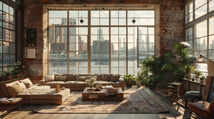 Panoramic Loft Interior with Vintage and Modern Accents