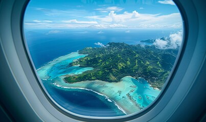 Naklejka premium View of a tropical island through an airplane window, clear skies and turquoise waters