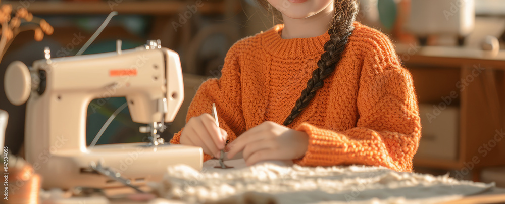 Wall mural A happy little girl is sewing with an electric resin seaming machine, with warm colors and sunlight shining through the window on her face, smiling happily as she works at home. - Wall murals