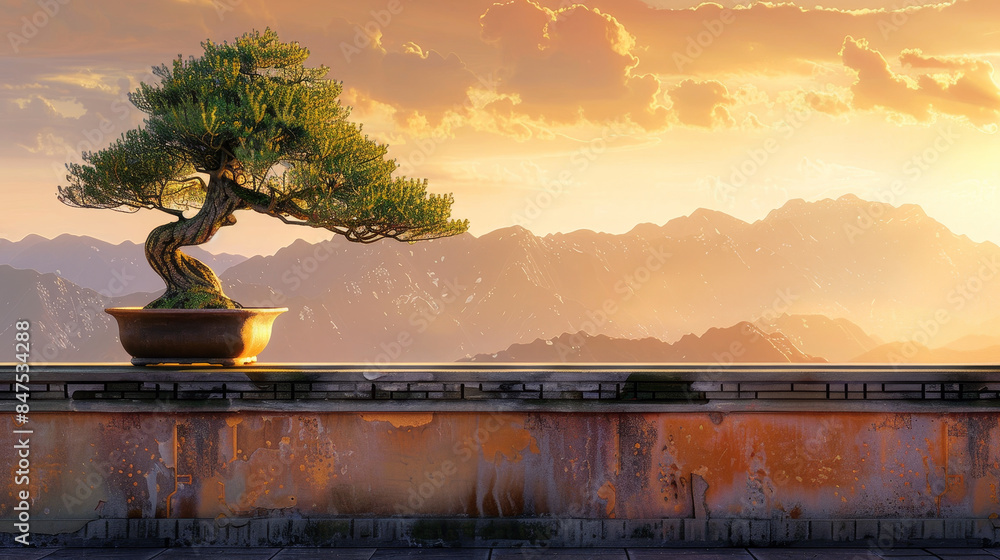 Poster a small tree is sitting on a ledge in front of a mountain range