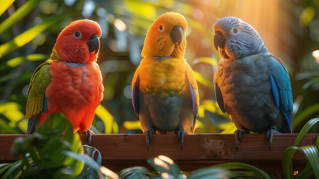 Three colorful parakeets