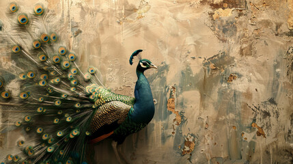 A peacock is standing in front of a wall with a brown and tan color