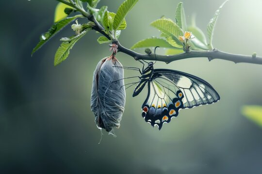 Transformation, A butterfly emerging from a cocoon with a contrasting backdrop