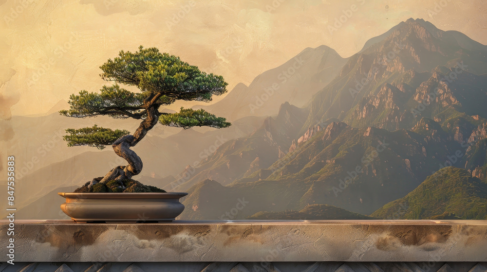 Aufkleber a small tree is sitting in a pot on a ledge in front of a mountain range