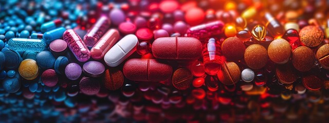 close up of colorful pills , nutritional supplements, biohacking concept.