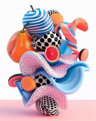 blue and orange abstract shapes with fruits and smooth streamlined surface made of inflatable items on white background in style of 3d.