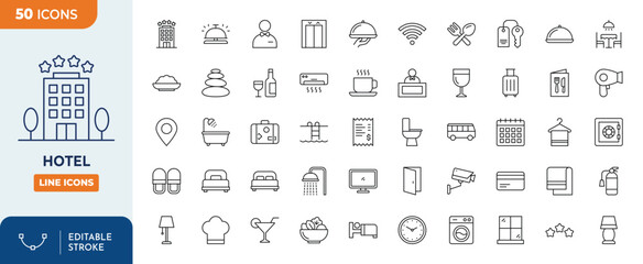 Hotel Line Editable Icons set. Editable stroke. Vector illustration	