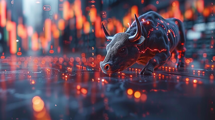 wall street, bull, usa flag, stocks price falling down, red stocks candles,generative ai