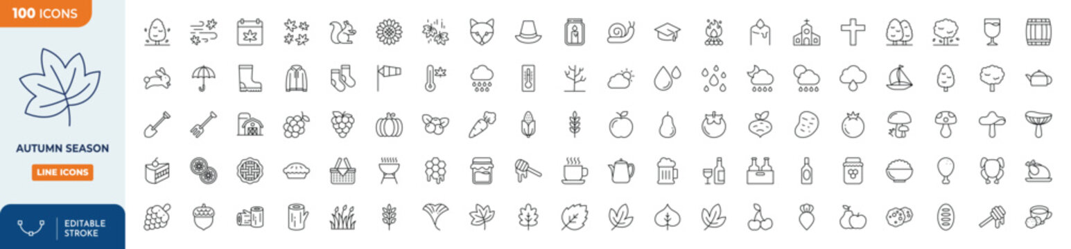 Autumn season Line Editable Icons set. Contain icons related to fall related objects, plants and animals, holidays, celebrations, and more. Editable stroke. Vector illustration	