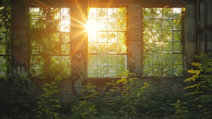 Sunlight piercing through shattered windows of an abandoned factory, casting eerie shadows on the crumbling walls, with overgrown vines reclaiming the space